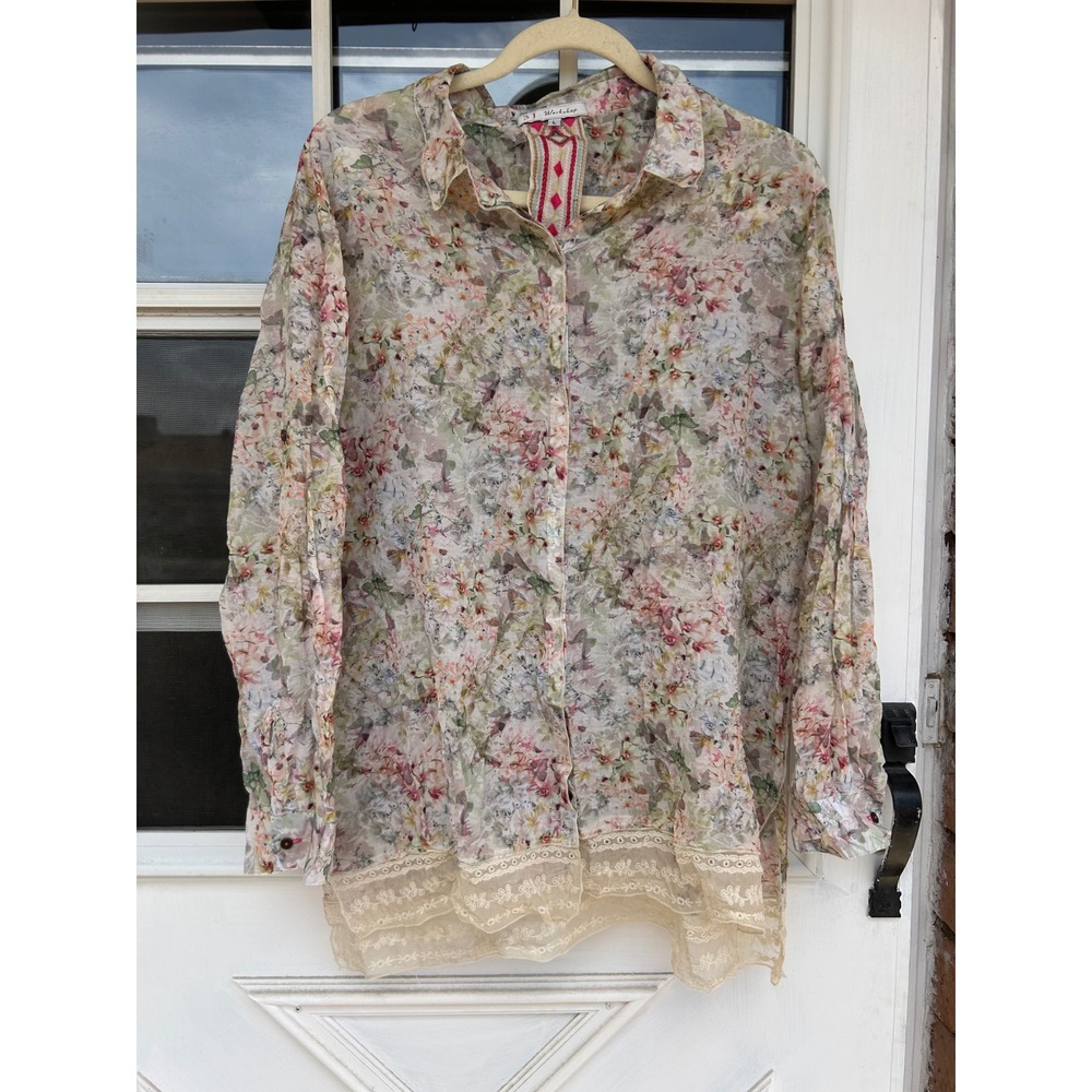 3J Workshop Johnny Was Floral Cotton Silk Lace Trim Button Down Shirt Large - Picture 9 of 14
